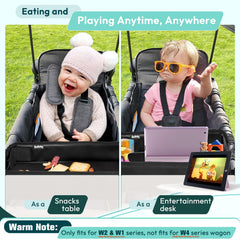Boffinby stroller tray displaying mesh pockets for small items during travel.