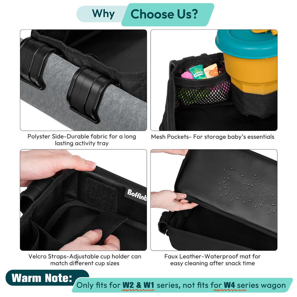 Boffinby stroller tray with faux leather surface, easy-clean and spill protection.