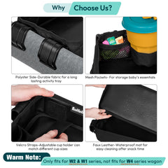 Boffinby stroller tray with faux leather surface, easy-clean and spill protection.