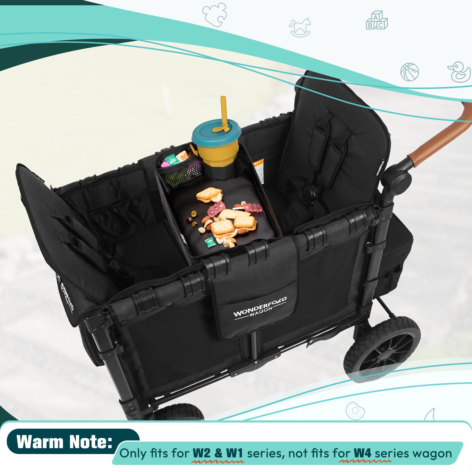 Boffinby stroller tray with deep storage and space for toys.