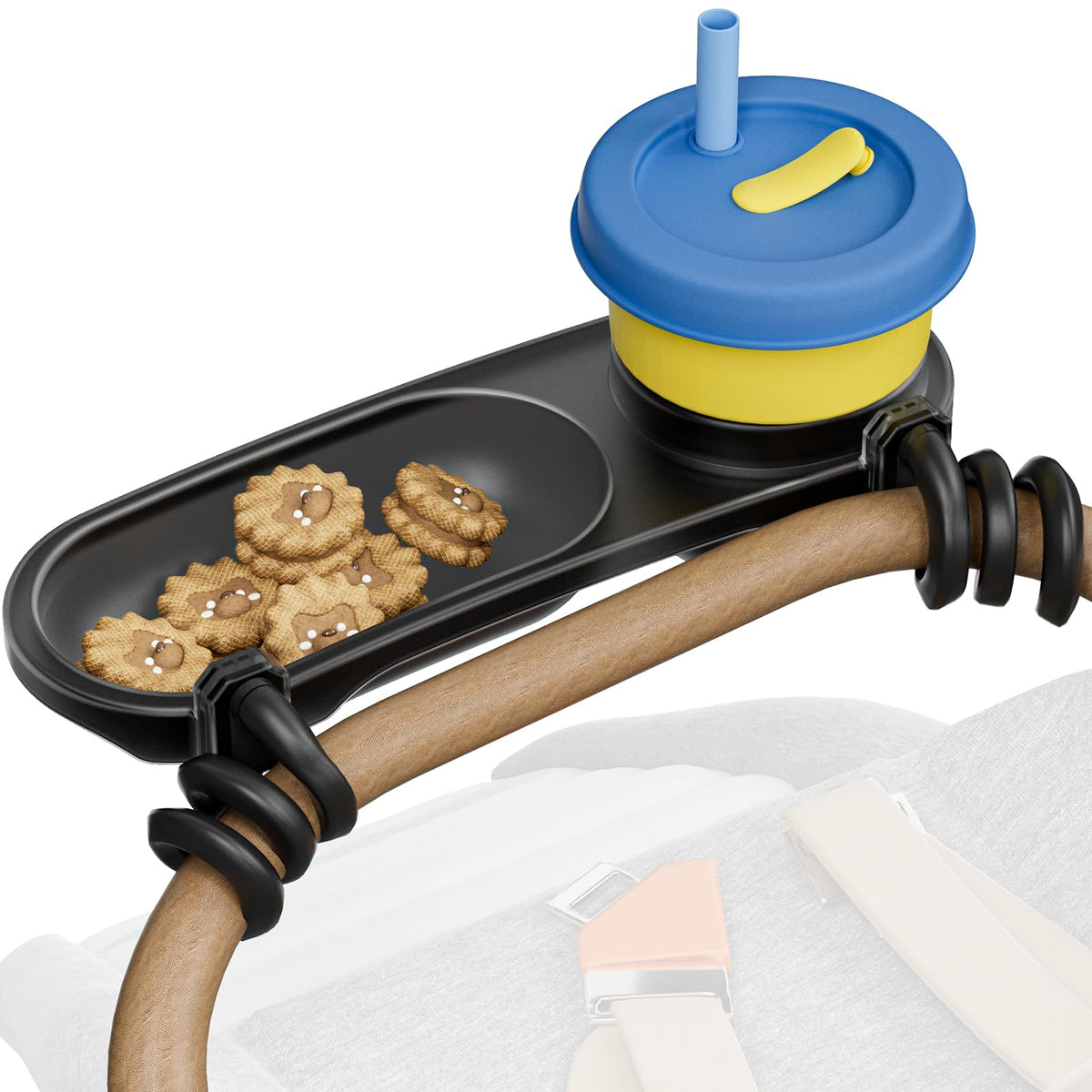 Boffinby universal snack tray stroller attachment keeps snacks within easy reach.