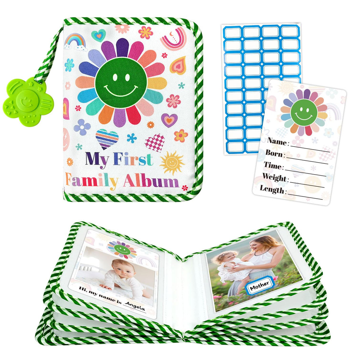 BOHEMIABY My First Family Photo Album cover features soft fabric for gentle handling.