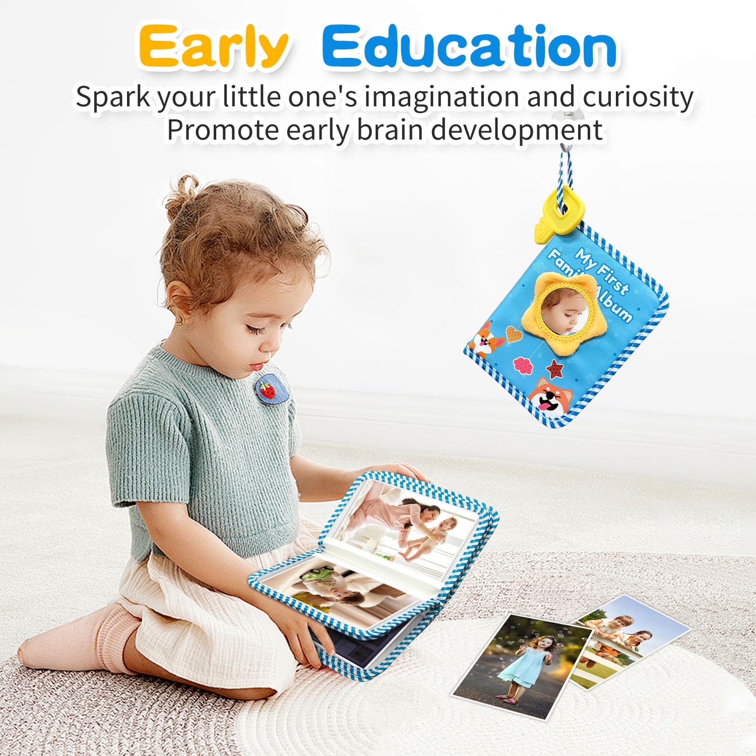 BOHEMIABY Baby photo album safety mirror inside supports focus and engagement.