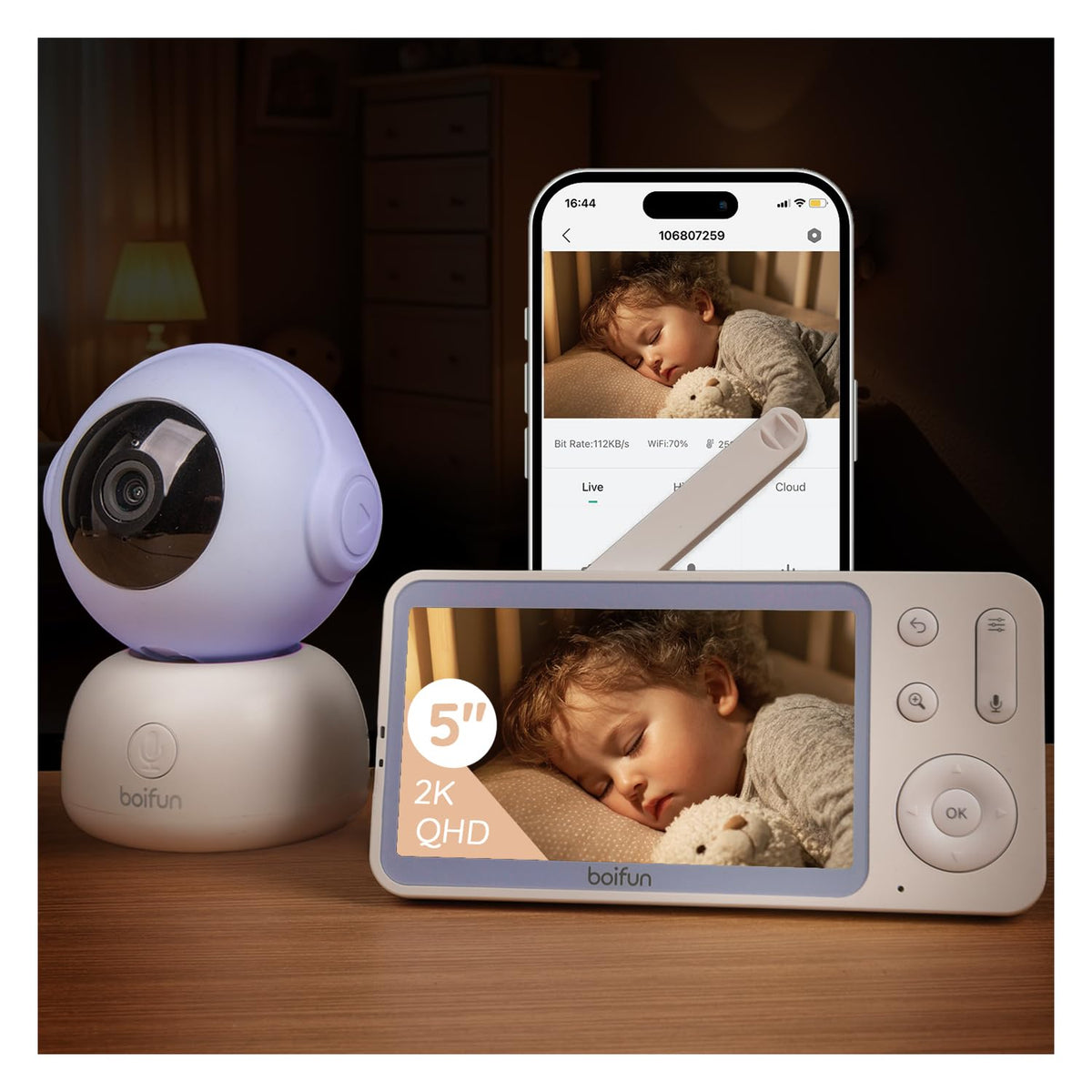 BOIFUN 2K HD baby monitor front view for day and night checks
