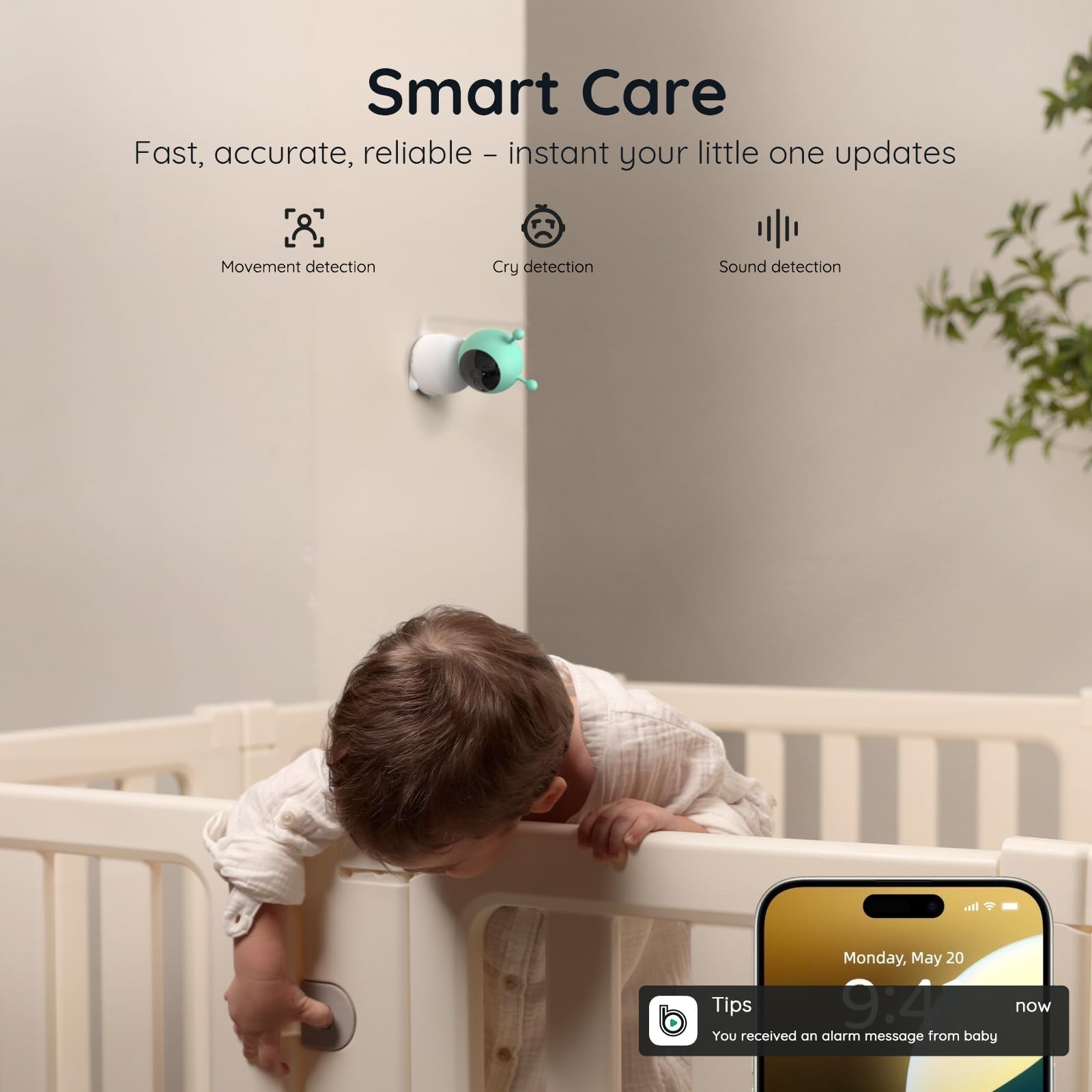 Boifun four-layer alert detects motion, cries, sounds, and zone intrusions.