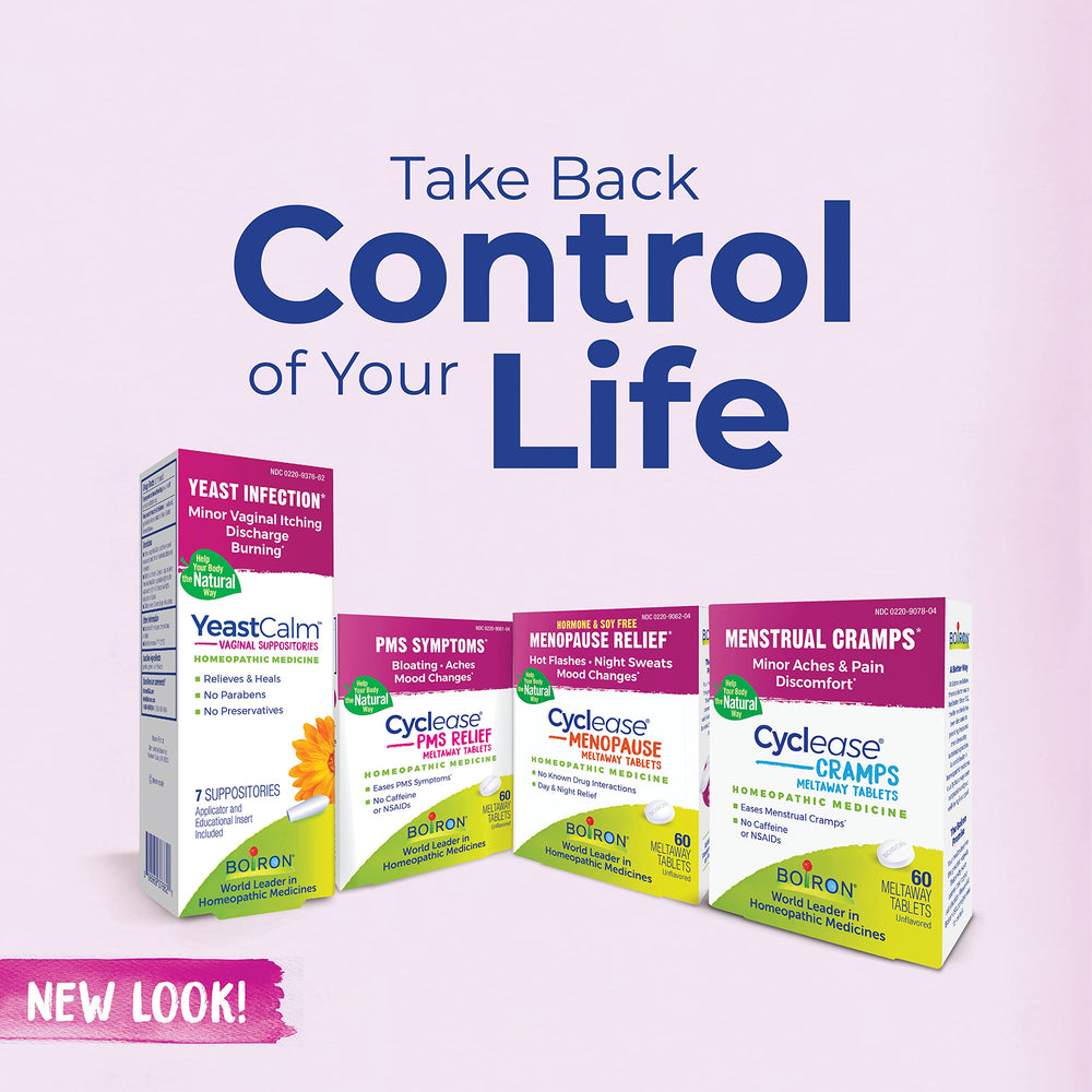 Boiron Cyclease Menopause soy-free label emphasizes hormone-free option.