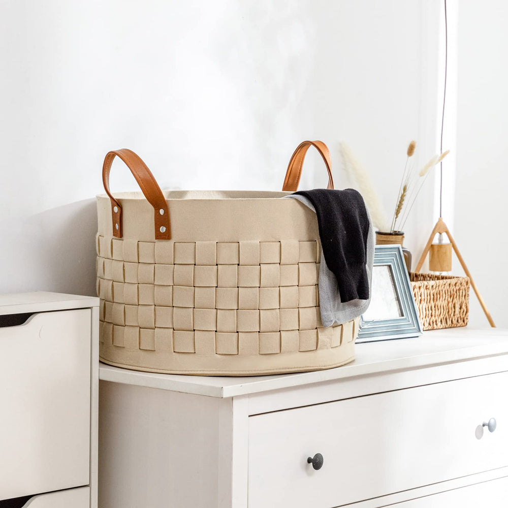 Boldmonkey blanket basket folds flat for compact, convenient storage when not in use.