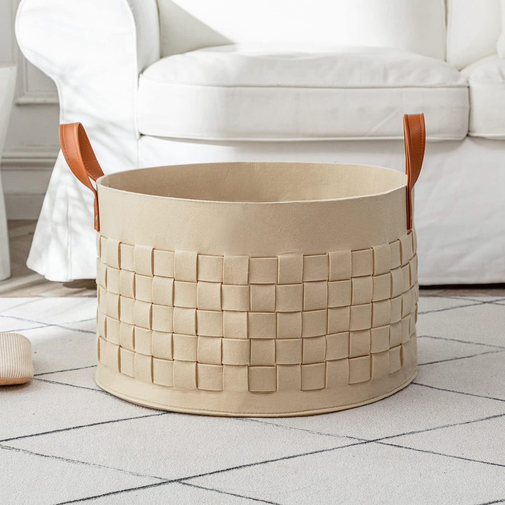 Boldmonkey Blanket Basket round woven felt in khaki offers spacious toy and laundry storage.
