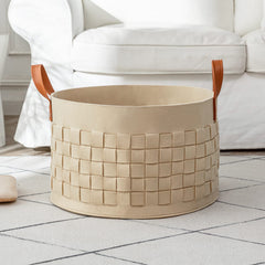 Boldmonkey Blanket Basket round woven felt in khaki offers spacious toy and laundry storage.