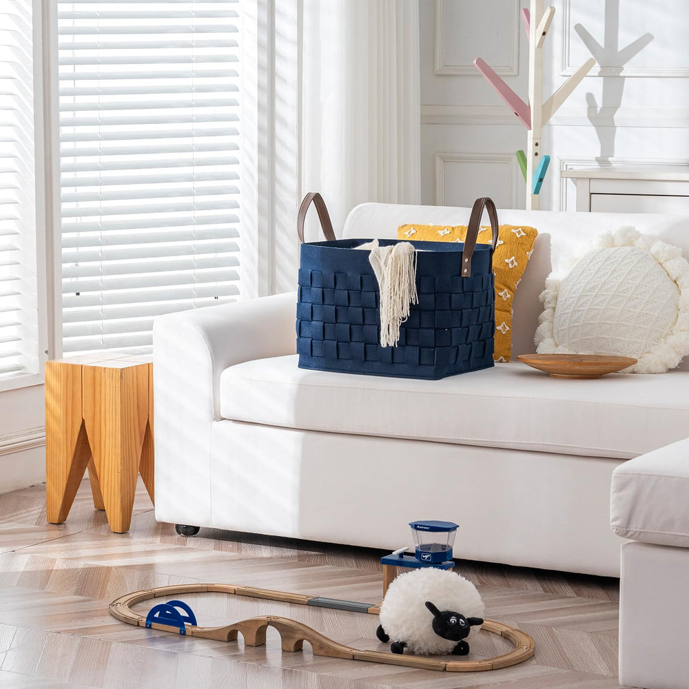 boldmonkey easy-transport basket with leather handles in navy