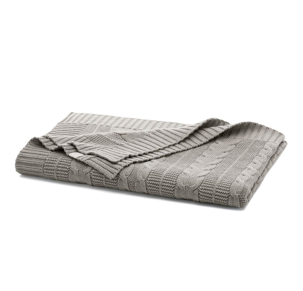 Boll & Branch cable knit baby blanket in heathered pewter with soft breathable texture for cozy naps