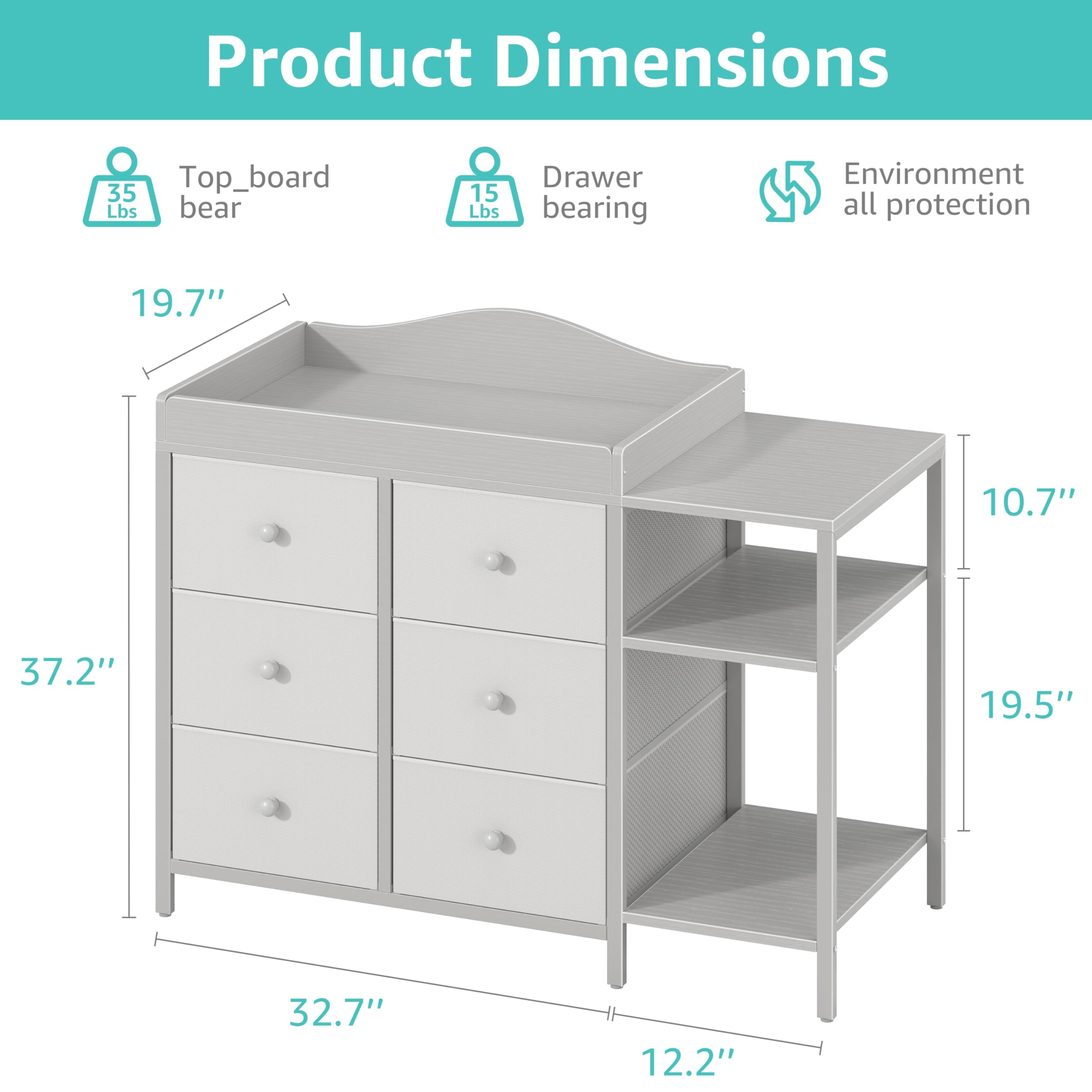 Spacious changing top space makes diaper changes comfortable for caregivers.