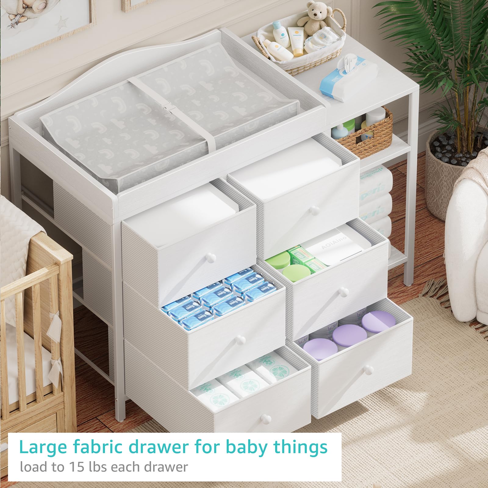 BOLUO dresser drawers storage keeps baby clothes and supplies neatly organized.