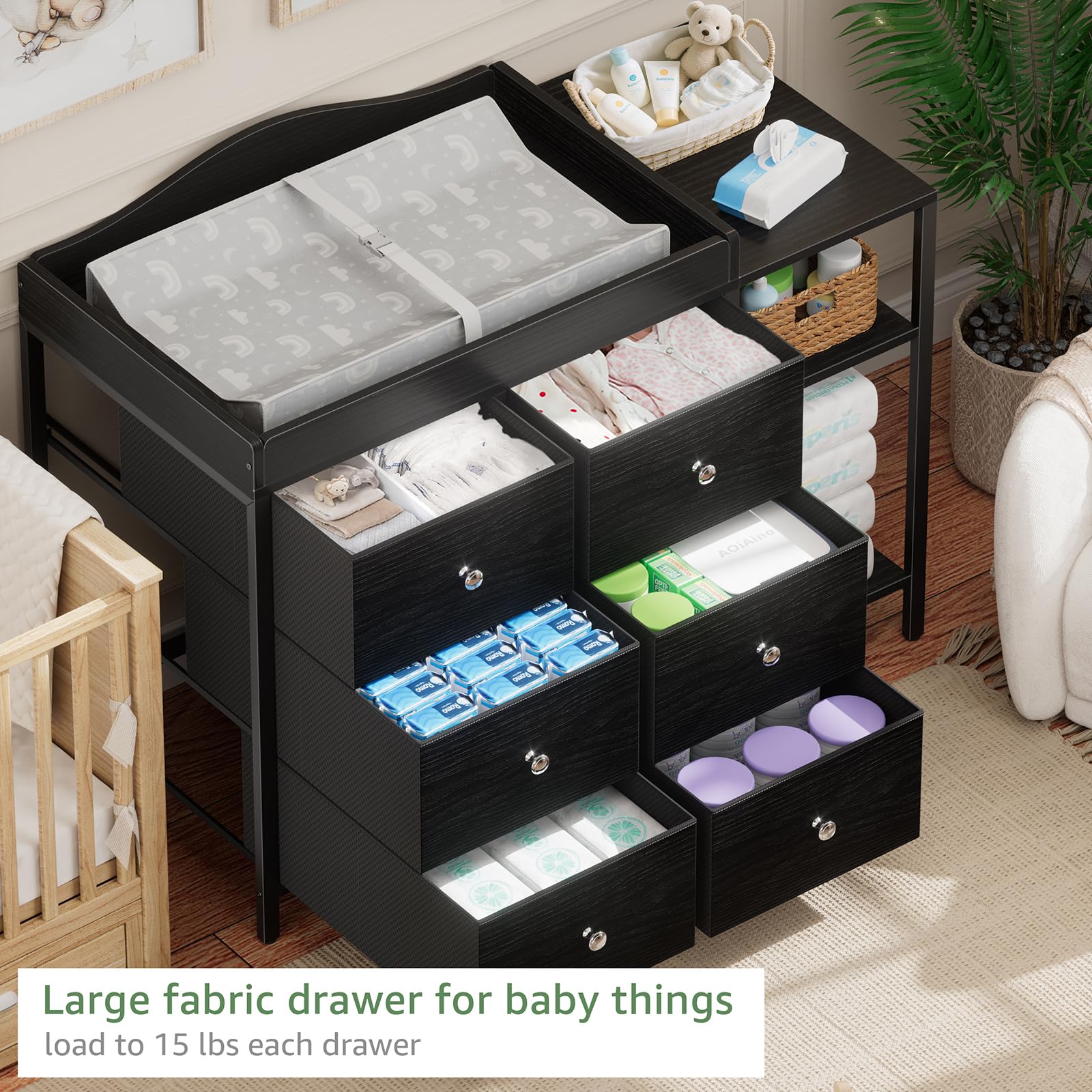 BOLUO dresser with six deep drawers keeps baby essentials organized.