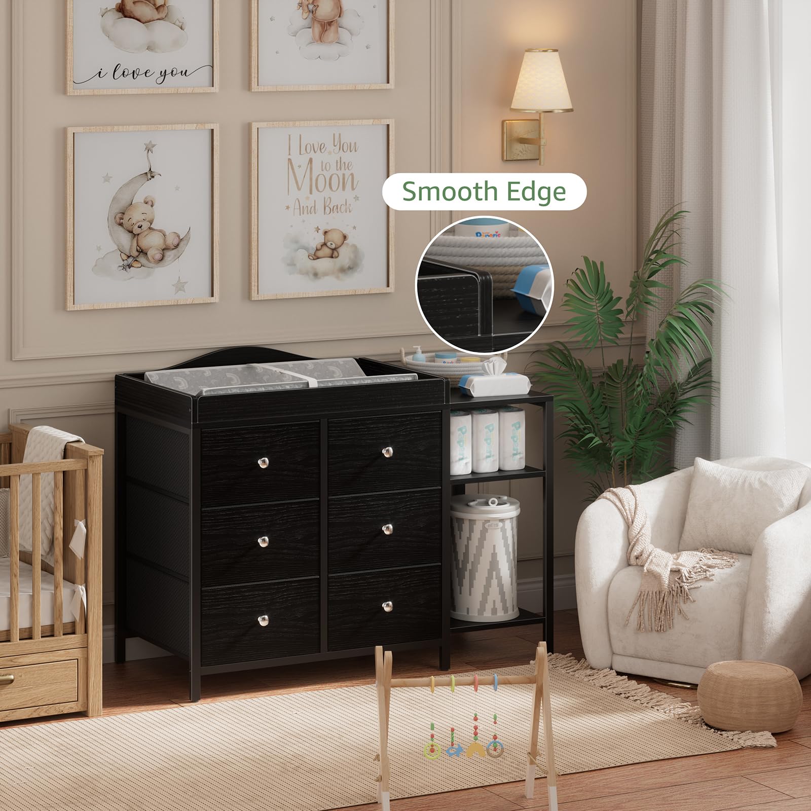 BOLUO dresser open shelves provide quick access to daily items.