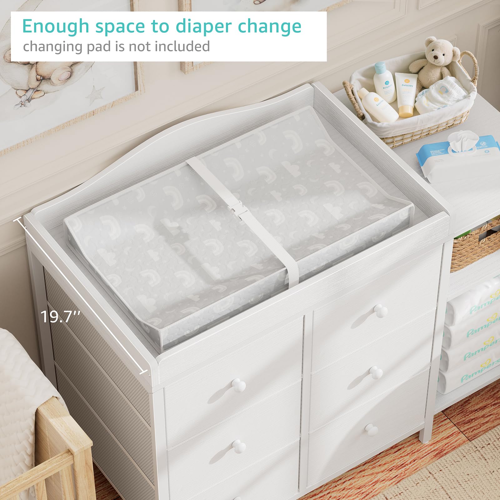 BOLUO dresser top space supports safe diaper changes.