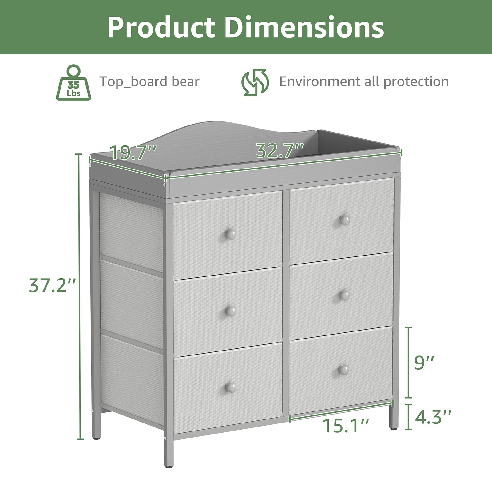 BOLUO changing-table-dresser-six-drawers demonstrates ample baby storage.
