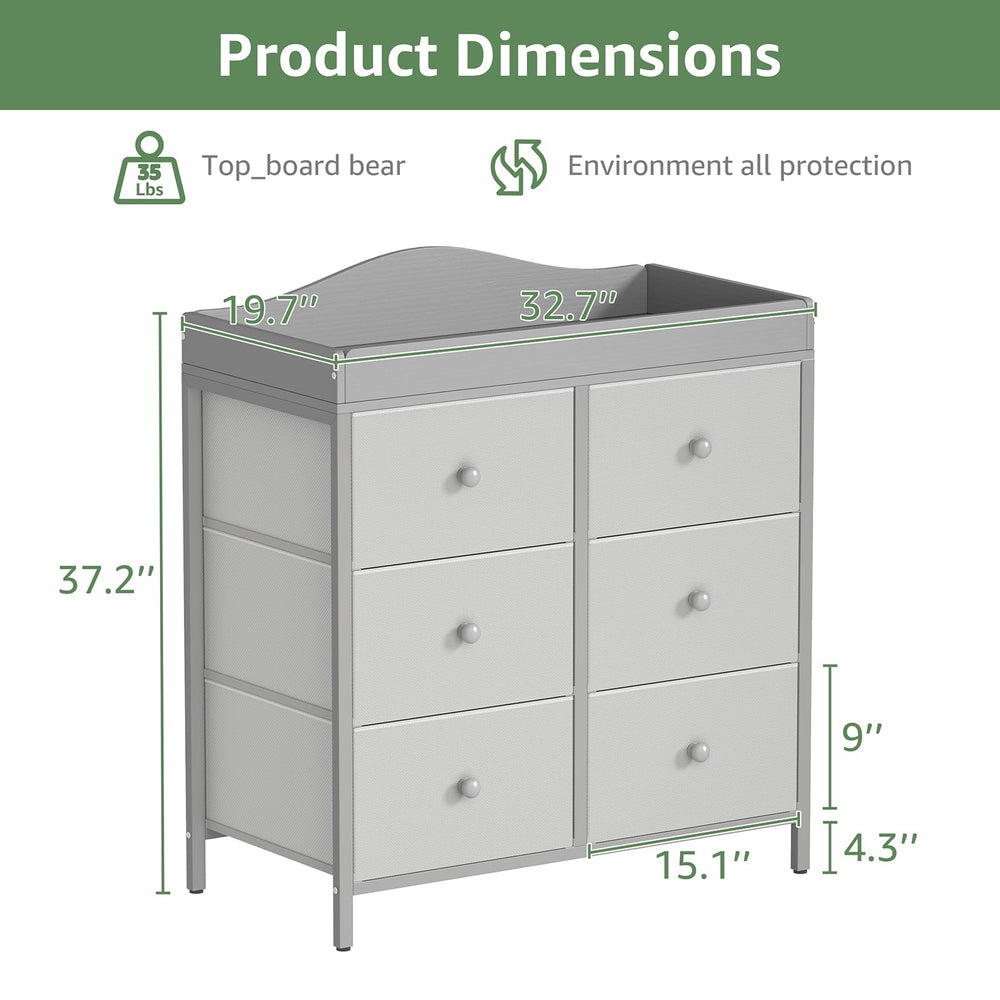 BOLUO changing-table-dresser-six-drawers demonstrates ample baby storage.