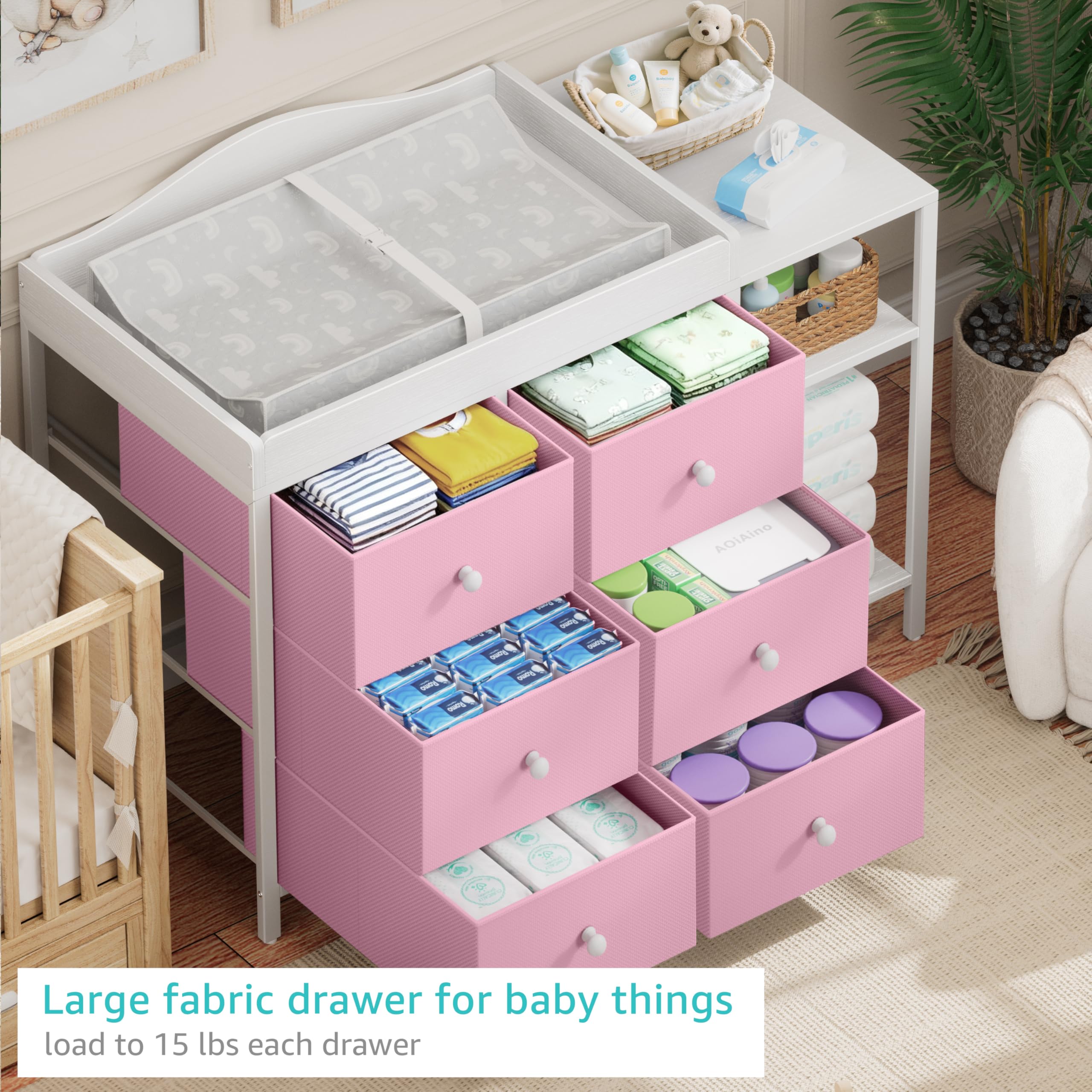 BOLUO dresser drawers and shelves for organized baby essentials.