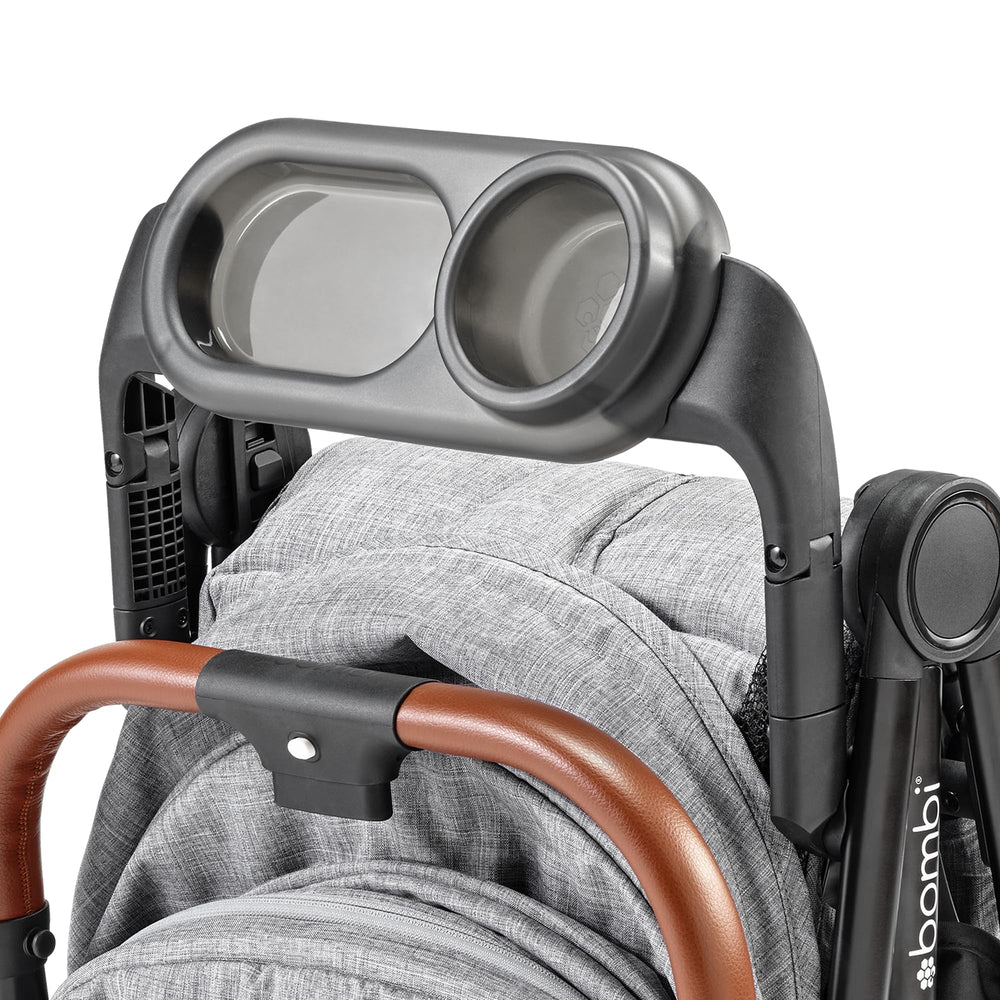 Bombi Baby Stroller Snack Tray with cup holder attached to V2 for easy snacks on the go.