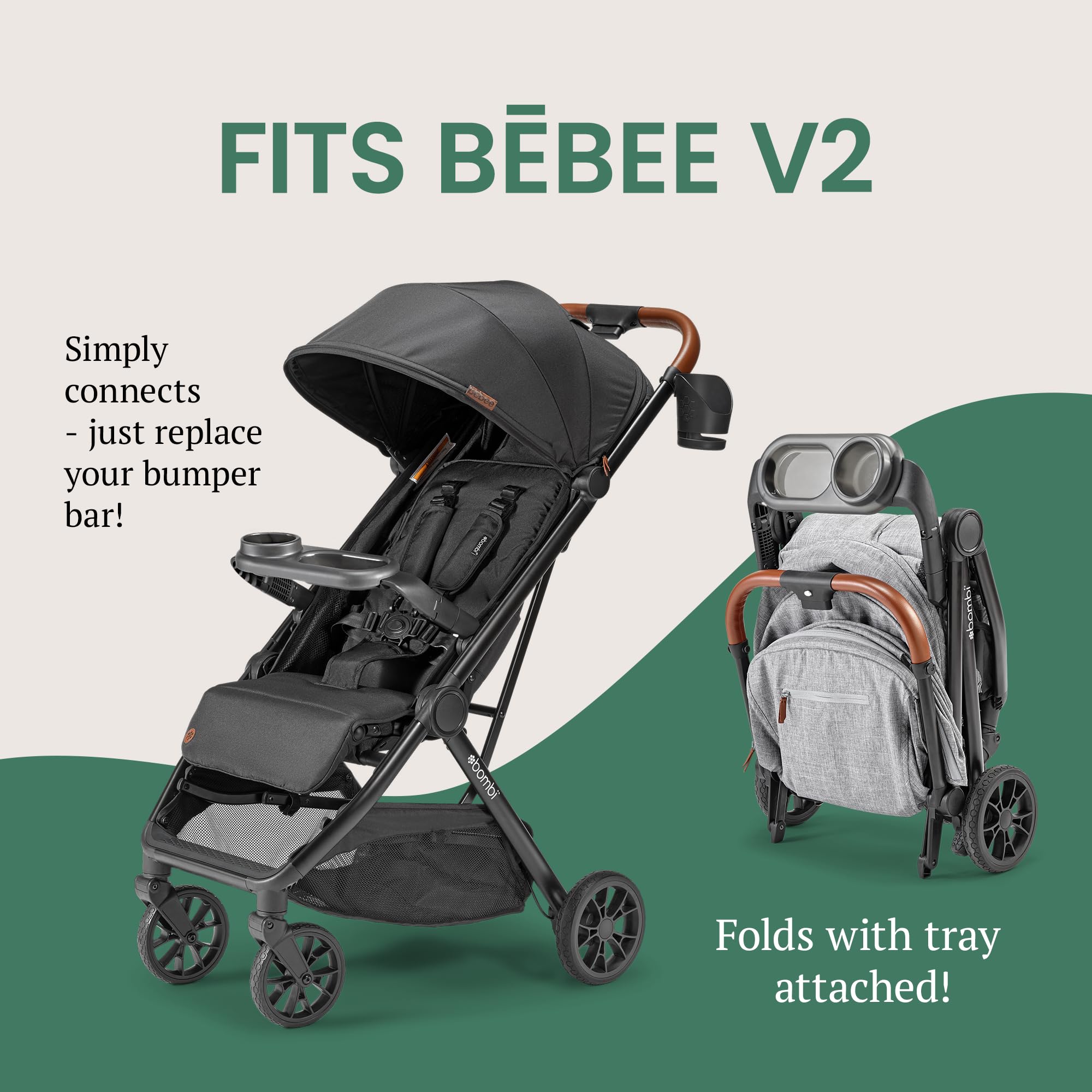 Dual compartments on Bombi tray keep snacks and drinks organized during stroller rides.