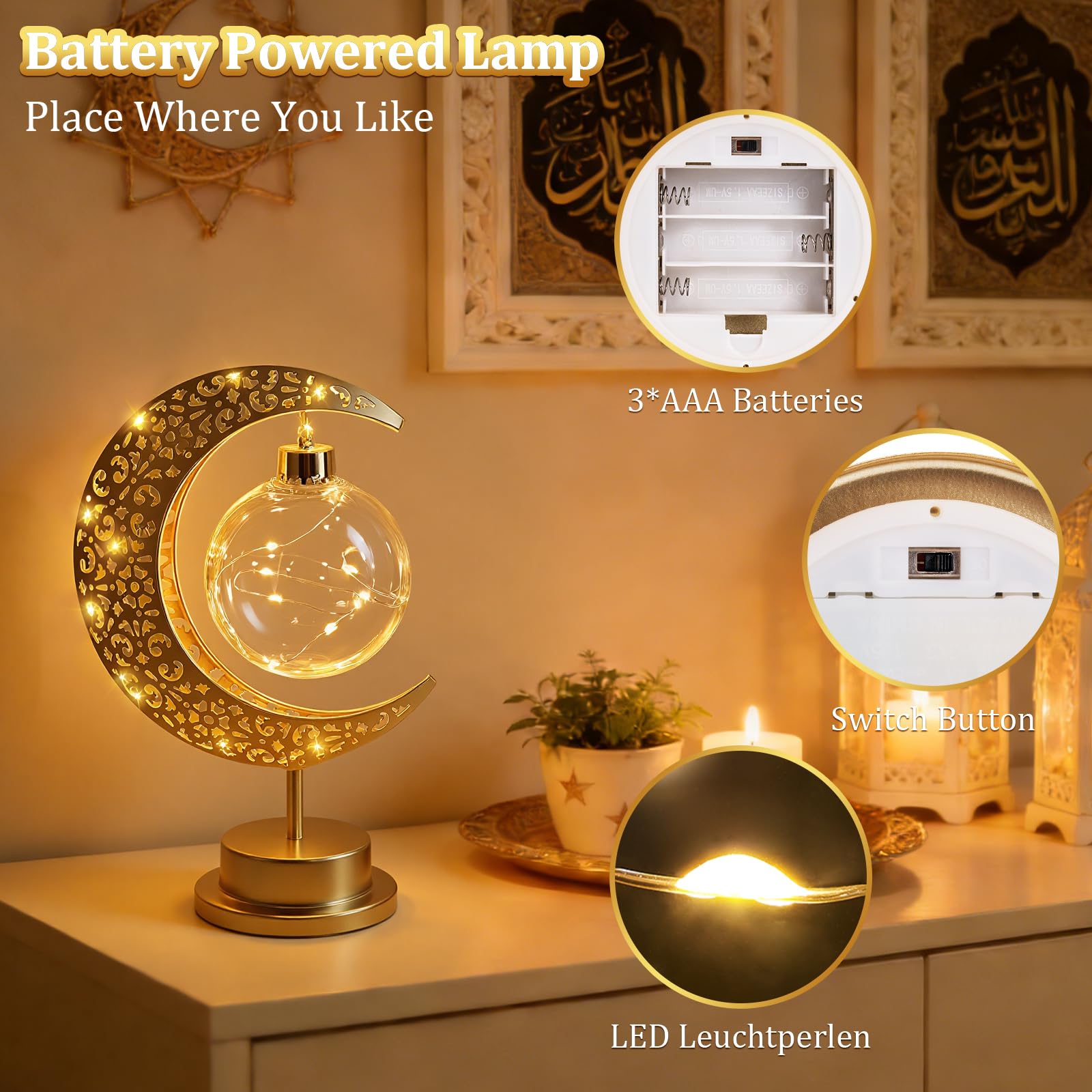 BomKra Crescent Moon Table Lamp with glass shade and gold finish for diffused glow.