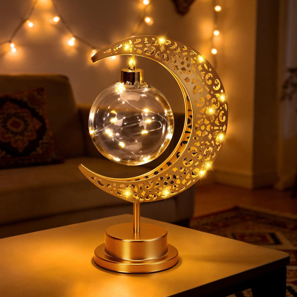 BomKra Crescent Moon Table Lamp in gold with glass shade for warm bedroom ambiance.