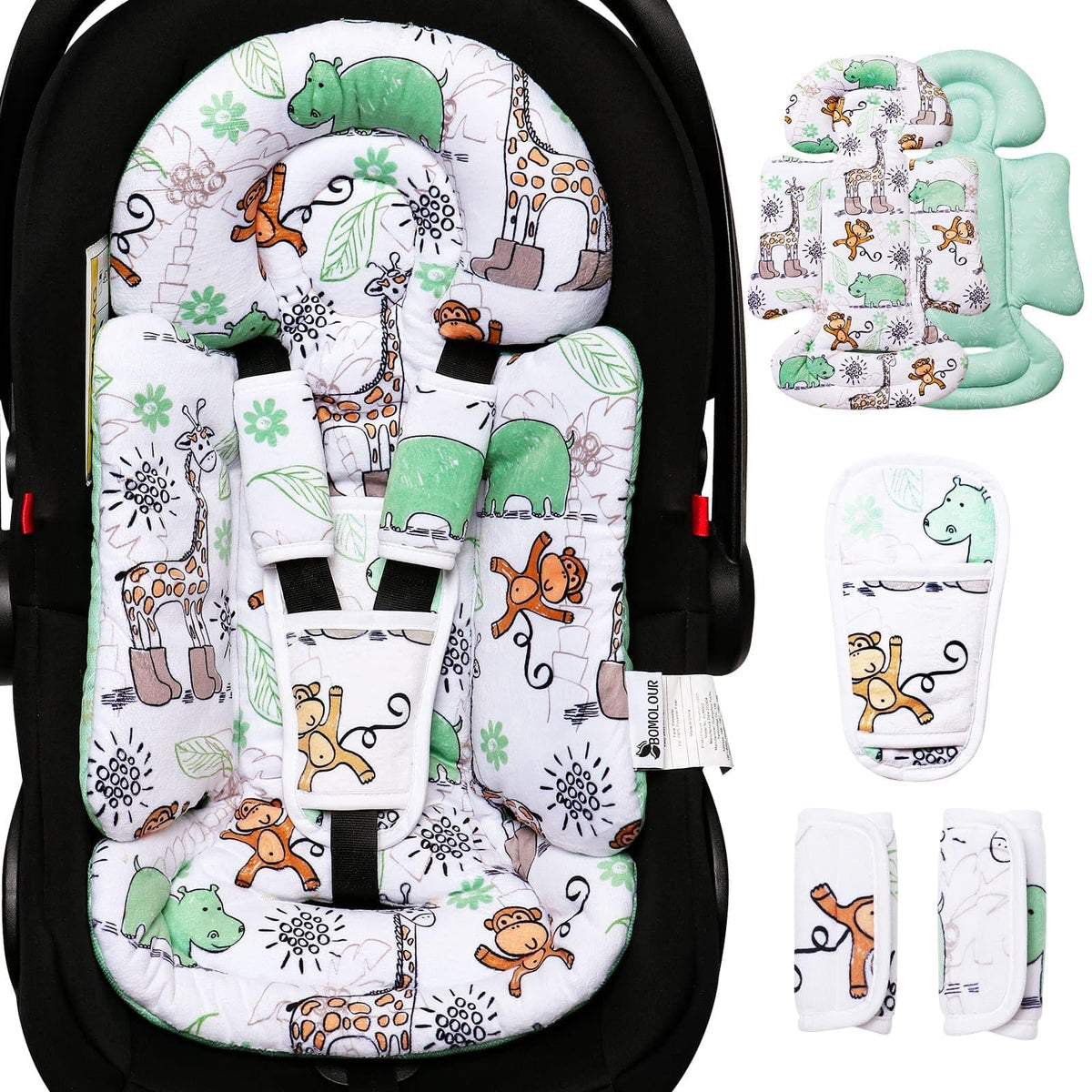 BOMOLOUR infant car seat insert in blue giraffe print for cozy car journeys.