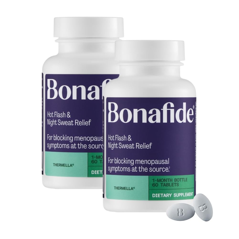 Bonafide Thermella relief bottle being poured, signaling quick, discreet hot flash relief.