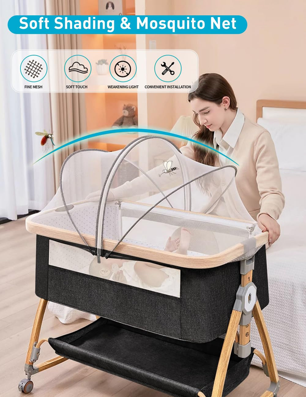Bonbay foldable bassinet folds compactly for travel or storage
