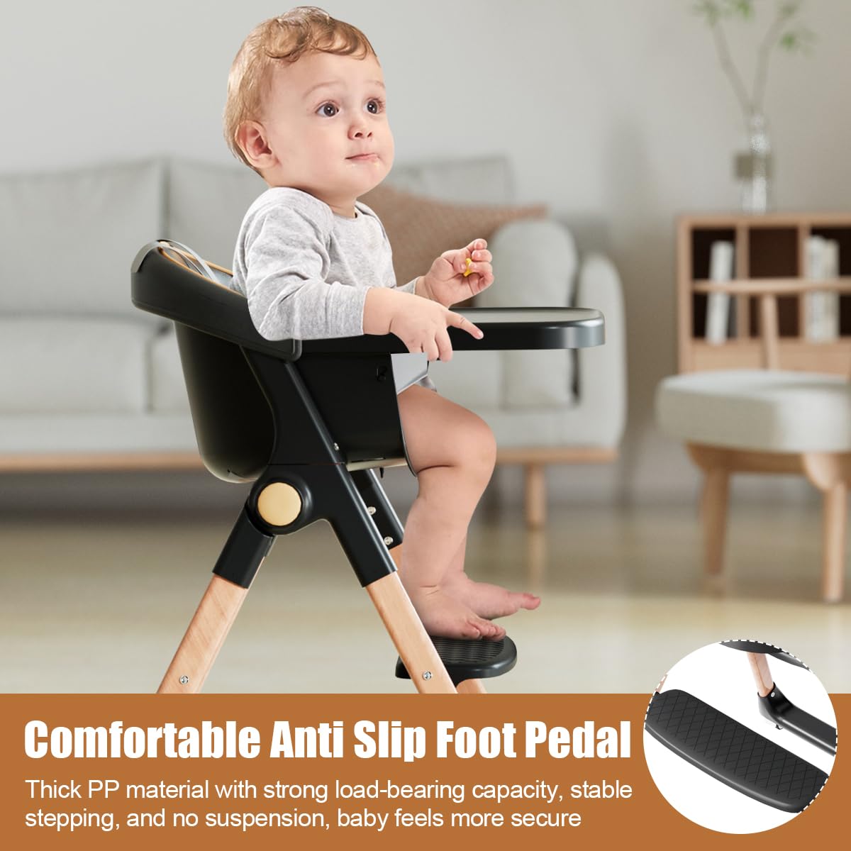 Bonbay high chair features anti-slip footrest for stable seating.