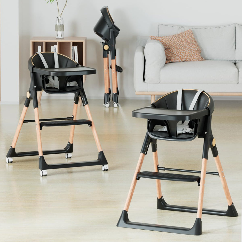 Bonbay high chair is portable and folds for compact storage.