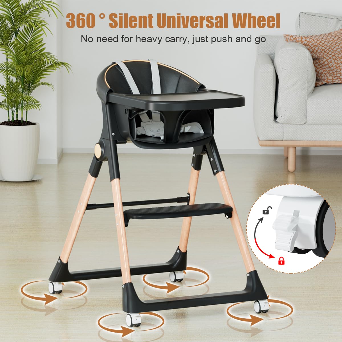 Bonbay high chair’s stable pyramid base enhances floor protection.