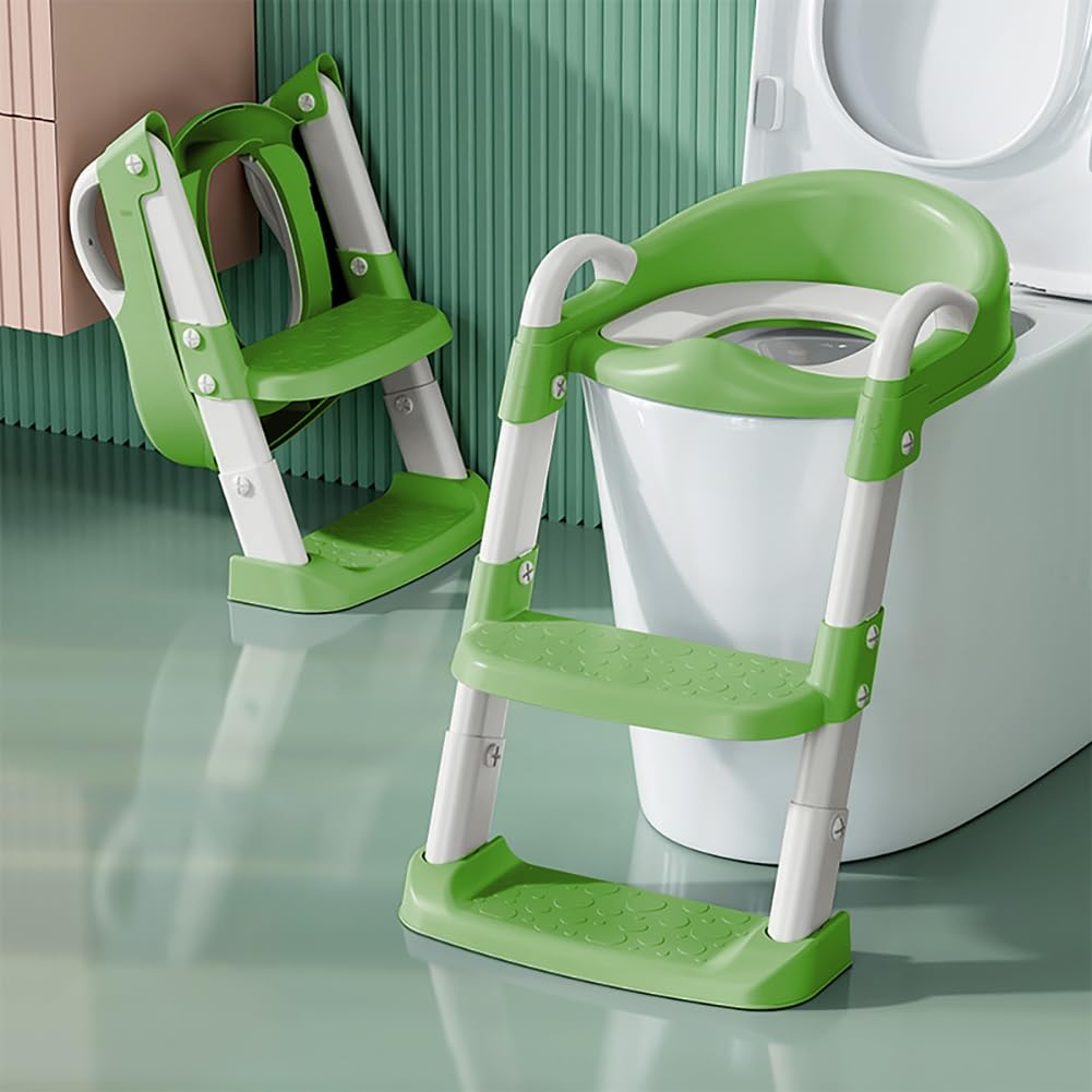 Bonbay potty seat with green-white finish, foldable for space-saving bathroom storage.