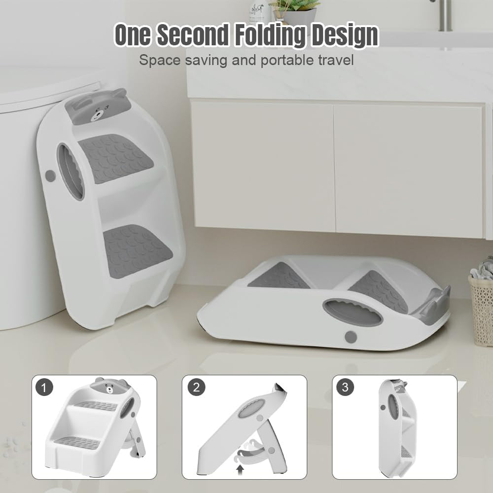 Bonbay step stool shown in bathroom for potty training and handwashing.