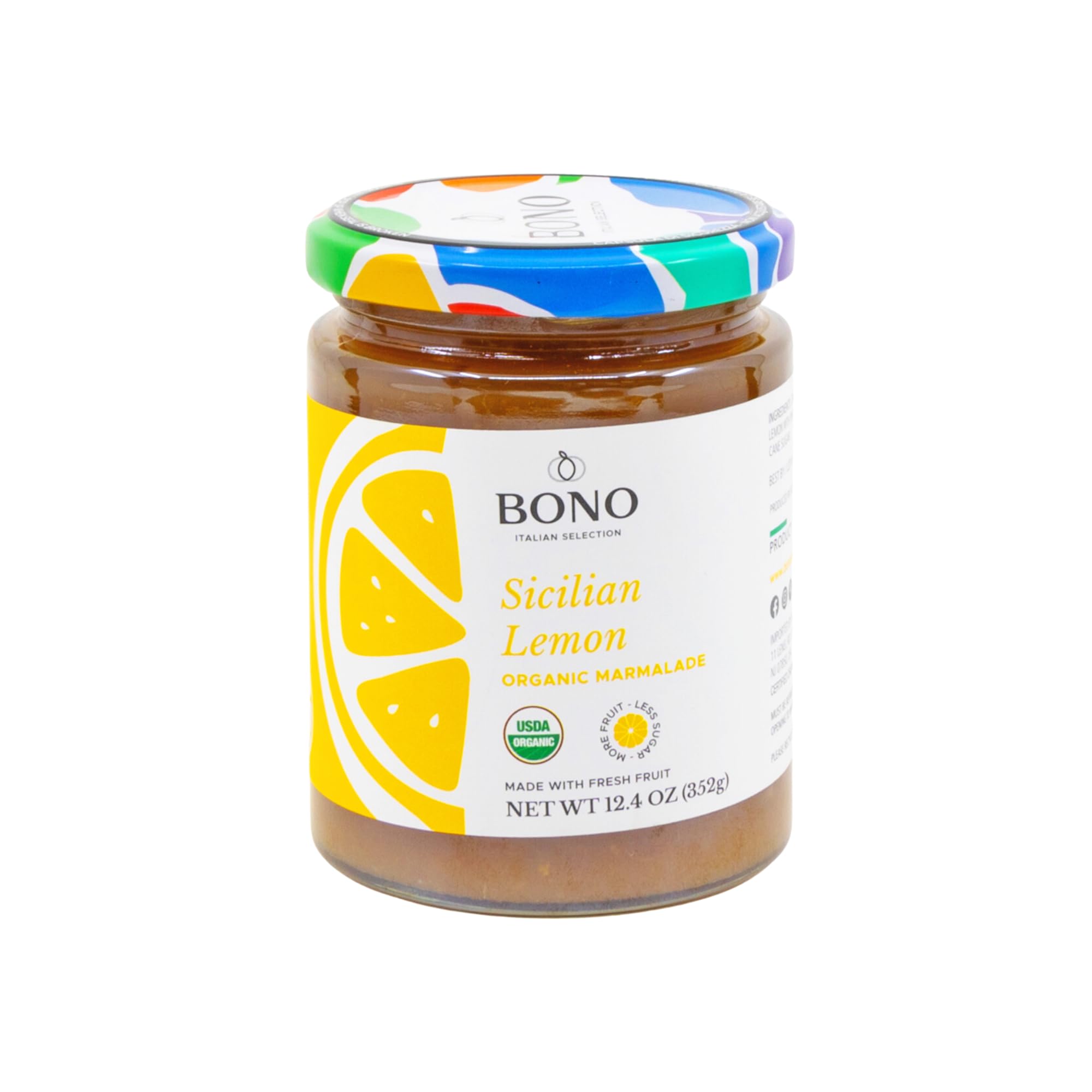Bono Sicilian Organic Marmalade lemon jar on a rustic table showcases fresh fruit flavor.