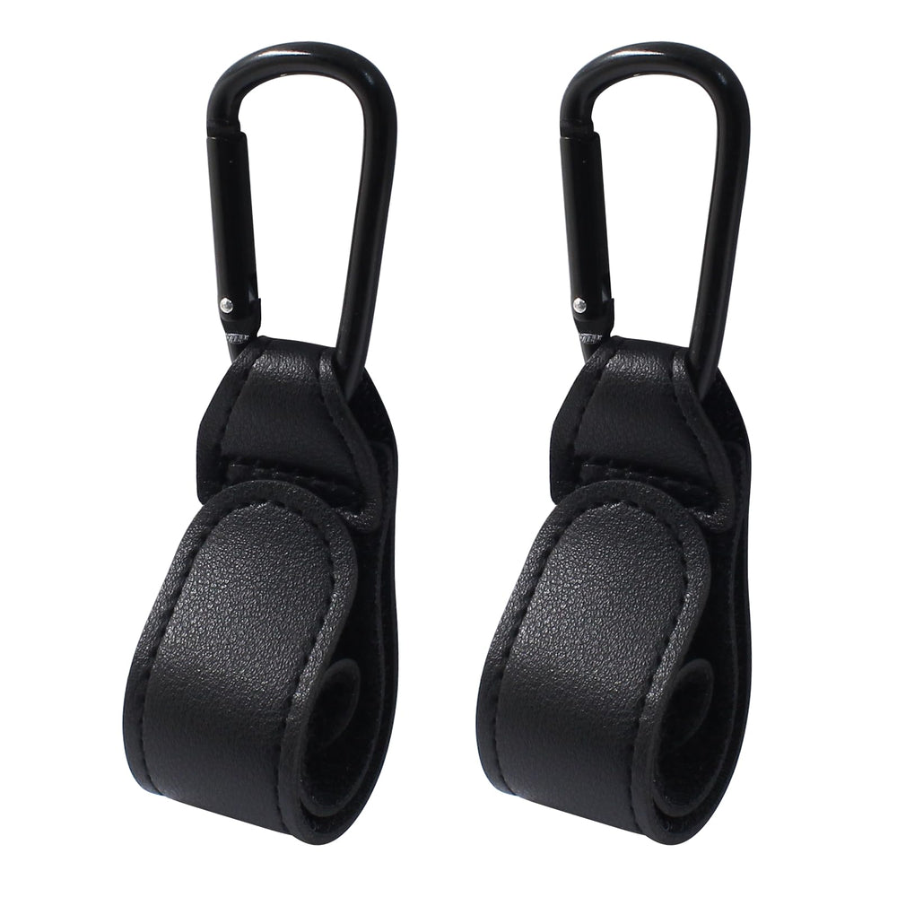 Bonsicoky stroller hooks with leather strap close-up for secure bag hanging.