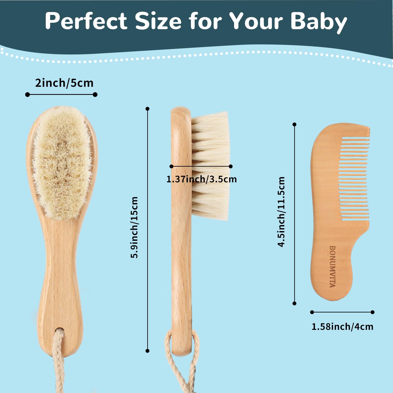 BONUMVITA baby hair brush with beech wood handle for a secure, smooth grip