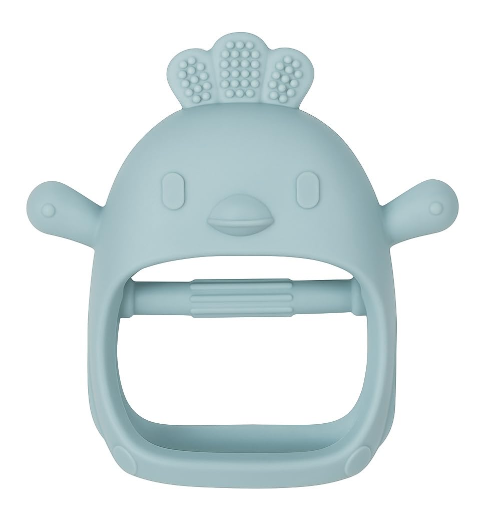 Boobaby bird-shaped teether mitten in dusty blue provides soothing gum relief on the go