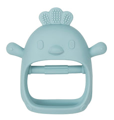 Boobaby bird-shaped teether mitten in dusty blue provides soothing gum relief on the go