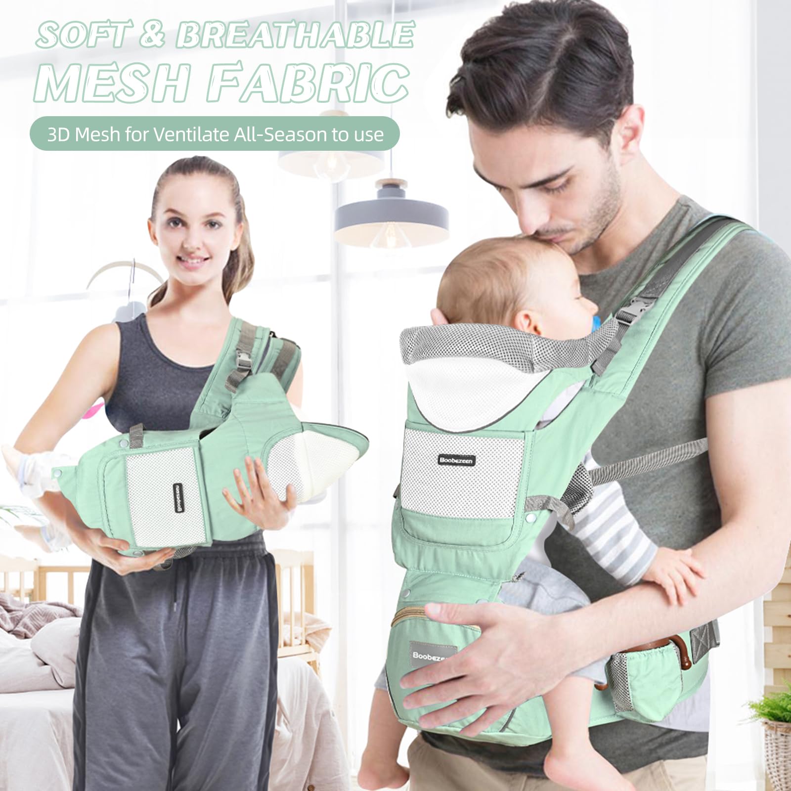 Boobezeen all-seasons green carrier for daily use with baby
