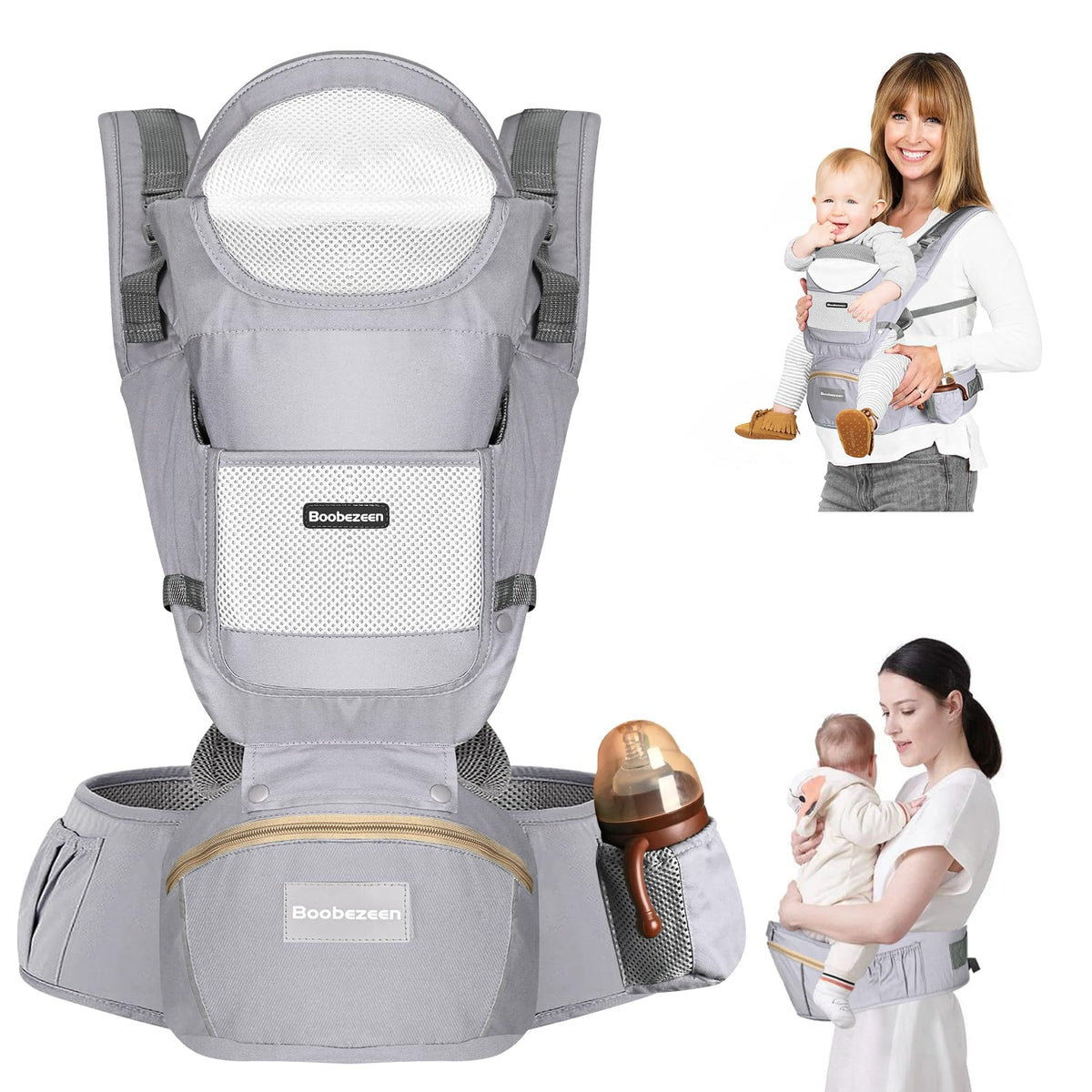Boobezeen baby carrier with hip seat offers ergonomic hip support.