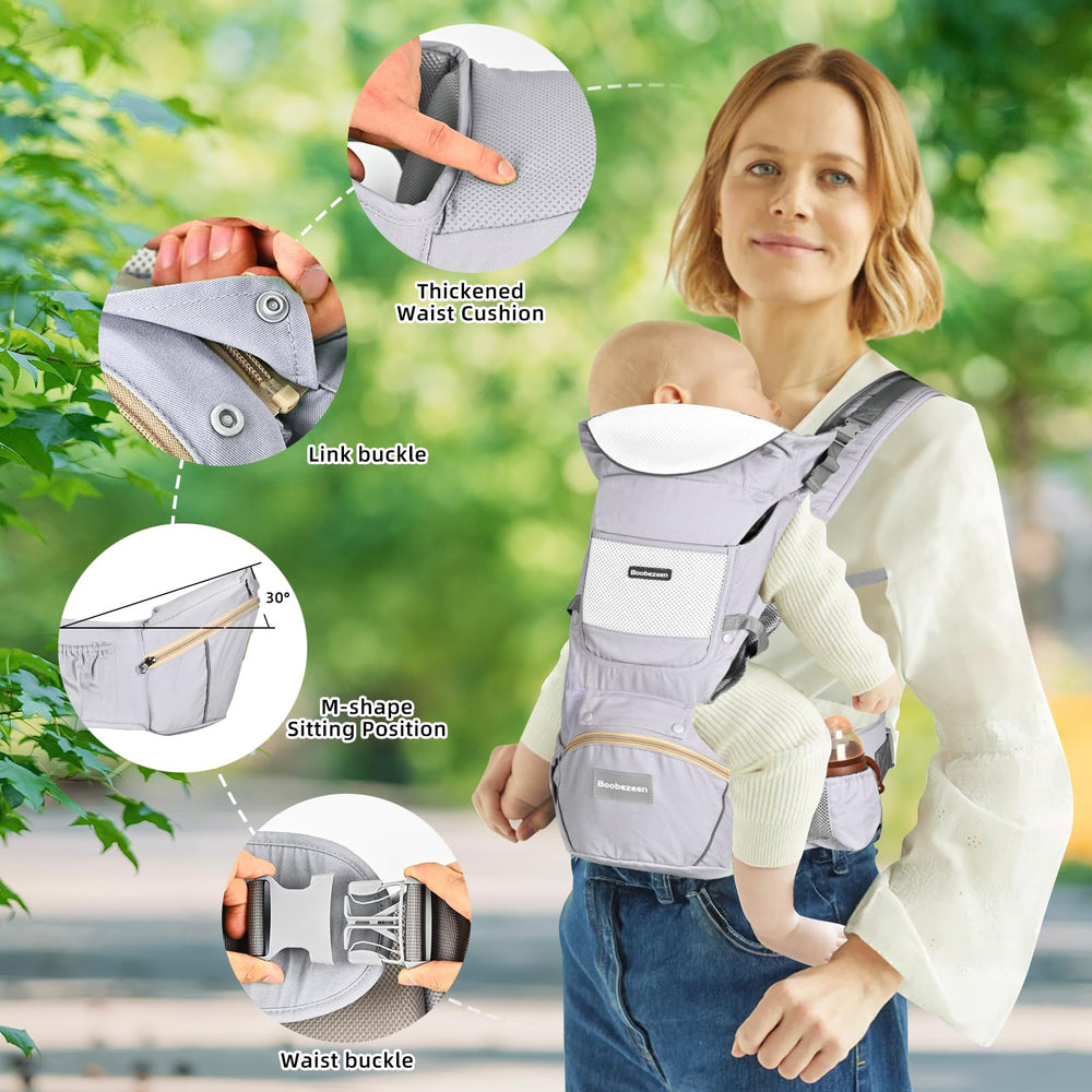 Boobezeen ergonomic M-position design reduces parent strain during wear.