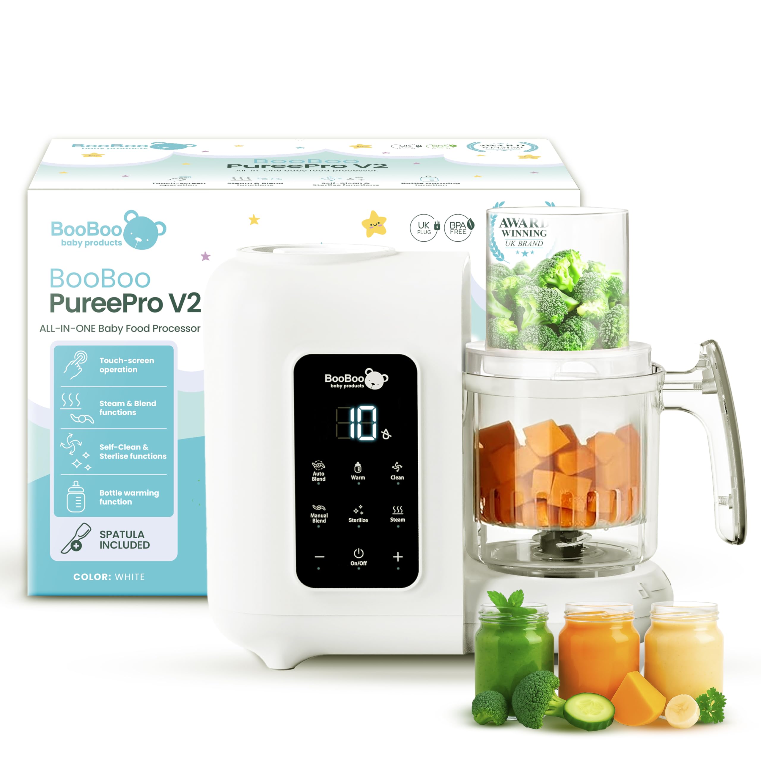 BooBoo PuréePro steams ingredients for fresh baby meals.