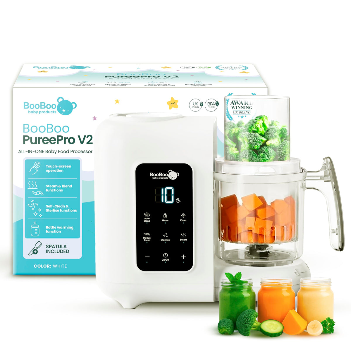 BooBoo PuréePro steams ingredients for fresh baby meals.