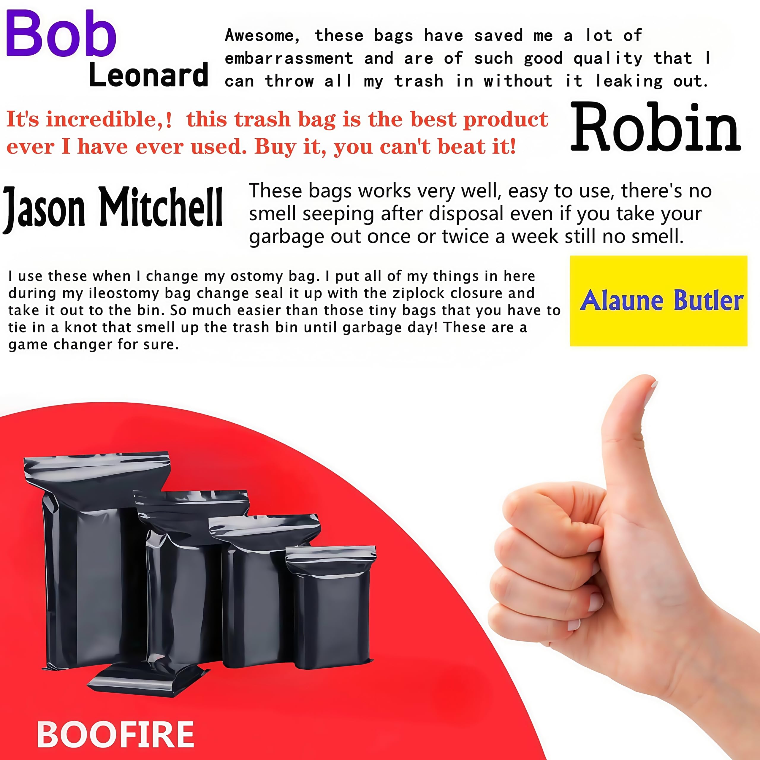 BOOFIRE odor-proof disposal bag designed for discreet colostomy waste.
