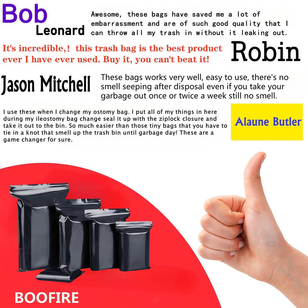 BOOFIRE odor-proof disposal bag designed for discreet colostomy waste.