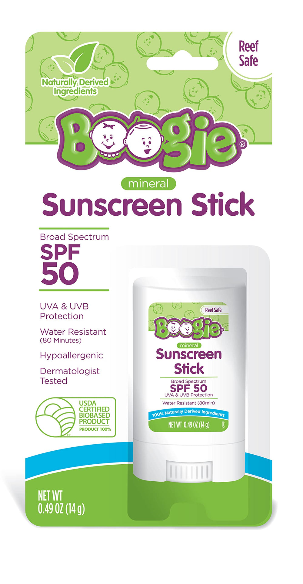 Boogie Block sunscreen stick compact size ideal for pediatric outings and daycare bags.