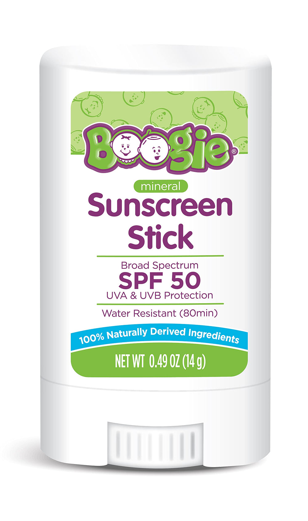 Boogie Block baby sunscreen stick packaging for quick, mess-free sun protection on the go.