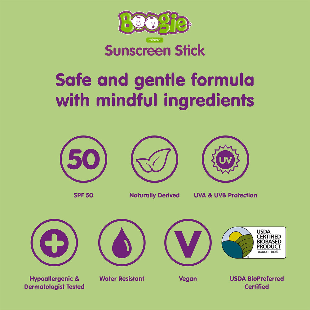 Boogie Block water-resistant 80-minute sunscreen stick ideal for active kids.